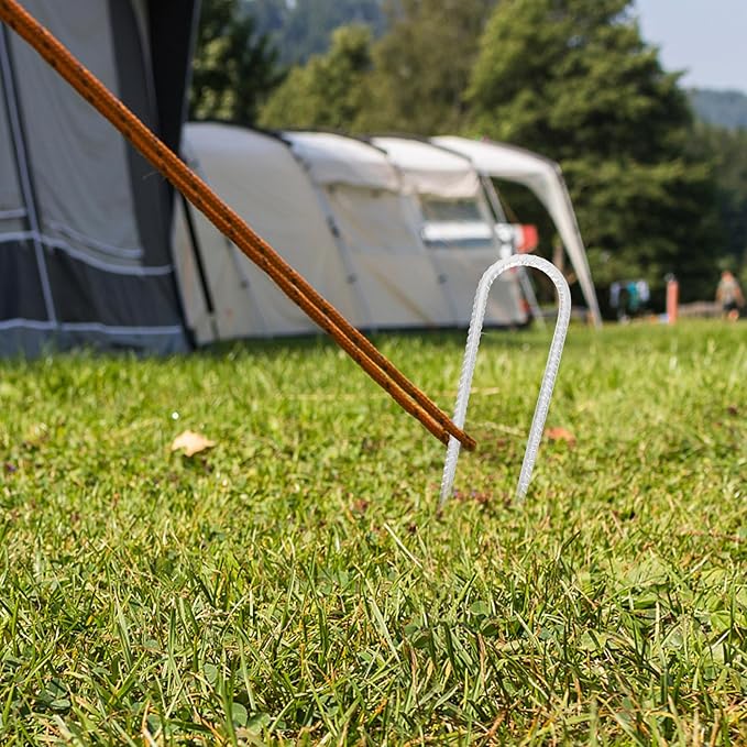 4pcs U-Shaped Steel Ground Nails Tent Stakes Galvanized Camping Canopy Pegs Heavy Duty Trampoline Fixing Anchors for Outdoor Shelter and Swing Set
