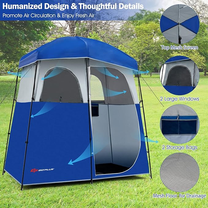 Goplus 2 Room Shower Tent Portable Camping Changing with Floor Drain Detachable Rain Fly Stakes &amp Ropes UV Protection Water Resistant Privacy for Outdoor Toilet Dressing (Blue)