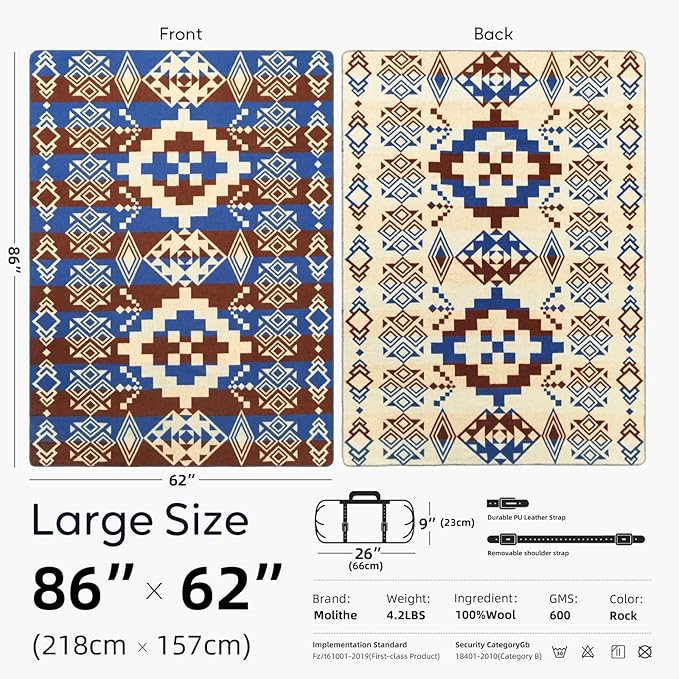 100% Wool Blanket 62 x 86 Warm Thick Washable Military Wool Blanket Great for Camping Outdoors Sporting Events Survival Kits Rock
