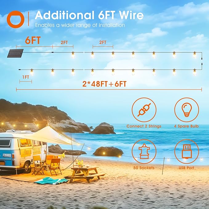 addlon 100FT(2FT) Solar String Lights Outdoor Waterproof with 6W Panel USB Charing &amp Remote Control Patio Lights Long Last for 20+Hrs Dimmable Solar Power LED Bulbs for Porch Garden Market Bistro