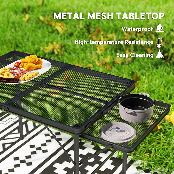 Outsunny Folding Grill Table 4.5 ft Portable Camping Table with 2 Wing Panels Height Adjustable Metal Outdoor Table with Mesh Desktop for Picnic Beach BBQ Party Black