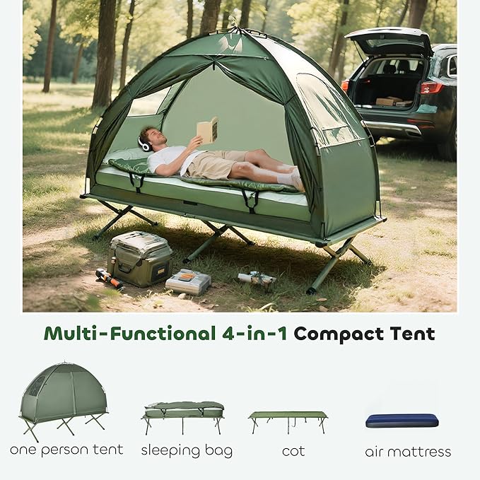 Outsunny Camping Tent Cot Folding Tent Cot Combo with Mattress Pillow Sleeping Bag Roller Carrying Bag Off Ground Travel Camp Cot for Hiking Backpacking
