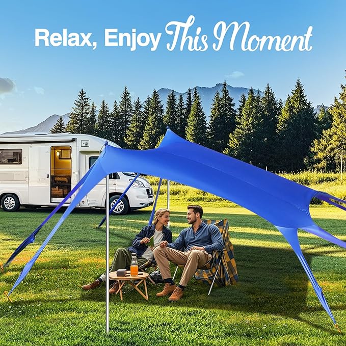 Rhino Valley Beach Tent Shade Canopy UPF50+ Protection 8 Sandbags 4 Stability Poles Outdoor Sun Shelter Umbrella for Sand Camping Fishing Essentials