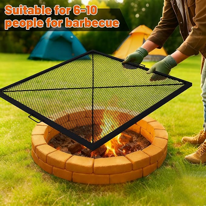 40 Inch Square Fire Pit Grill Grate with Handles Heavy Duty Campfire Cooking Grate for Fire Pit Steel BBQ Grill Grid for Outdoor Camping