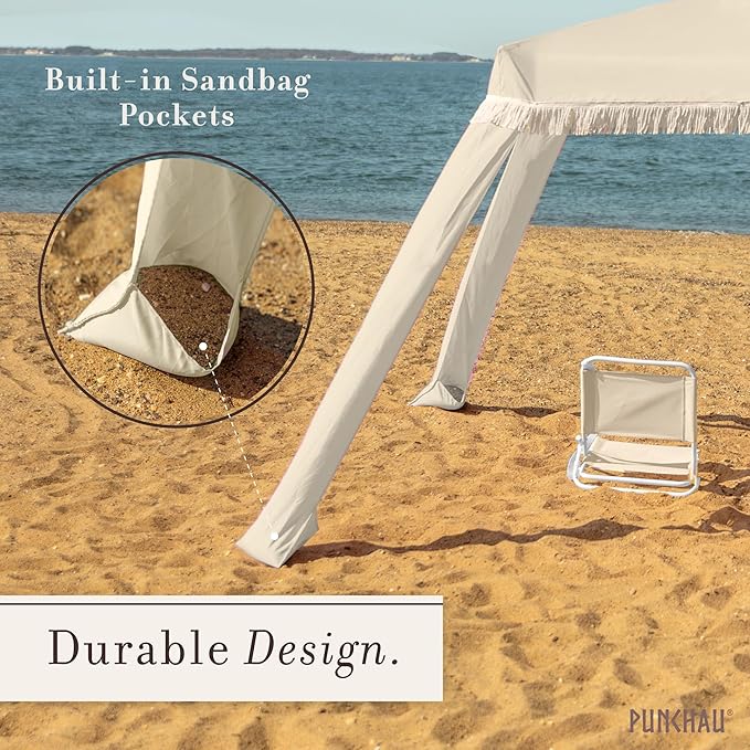 Beach Cabana with Fringe - 6x6 Ft. Boho Beach Canopy Umbrella Tent Portable Umbrellas for Sand with Carry Bag &amp Sandbag Pockets Instant Sun Shade Canopy Tent for Beaches &amp Backyards