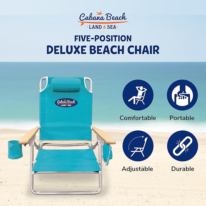 Cabana Beach Folding Beach Chair 5 Position Lightweight Portable Reclining Outdoor Camping Accessories with Headrest Shoulder Strap and Cup Holder Blue