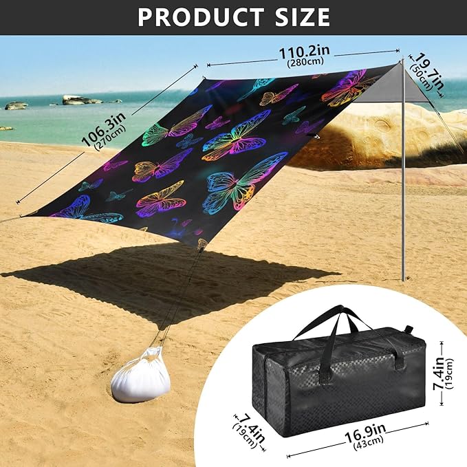 ALAZA Neon Rainbow Butterfly Beach Tent Sun Shelter UPF50+ Protection Beach Shade Canopy w/ 4 Sandbags for Outdoor Camping Fishing Backyard Fun Picnic 10x9 ft