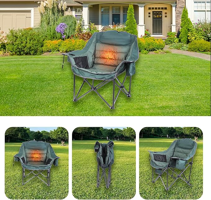 Heated Camping Chair Heated Chair Heated Camping Chairs for Adults Oversized Camping Chair XL Padded Chair with Cooler Cupholder &amp Carry Bag Heavy Duty for Outdoor Activities (2 Pack)