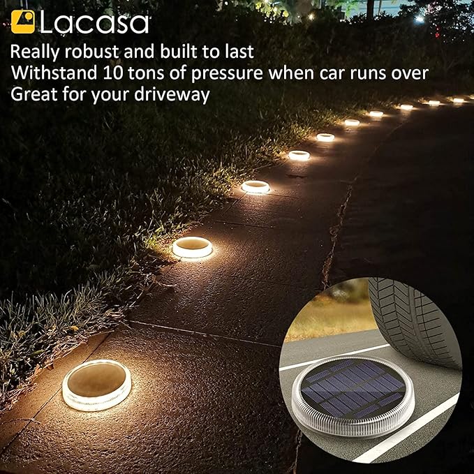 Lacasa Solar Deck Lights Driveway Walkway Dock Light Solar Powered Outdoor Waterproof Stair Step Pathway Ground LED Lamp for Backyard Patio Garden Auto On/Off - Warm White - 4 Pack