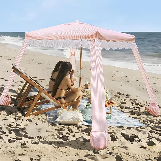 AMMSUN Beach Cabana with Fringe 6.5' x 6.5' Boho Beach Canopy with Tassels Easy Set up &amp Premium Wood Pole Cabana Tent with Sand Pockets Instant Sun Shade for Sand Garden Patio Pink Stripes