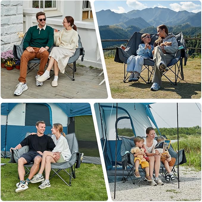 Portal Double Camping Chair 2 Person Folding Loveseat for Adults Padded Cushion Camp Lawn Love Seat with Side Pocket Portable Couch Two Person Heavy Duty Wide Chairs with Cup Holder 600 lbs