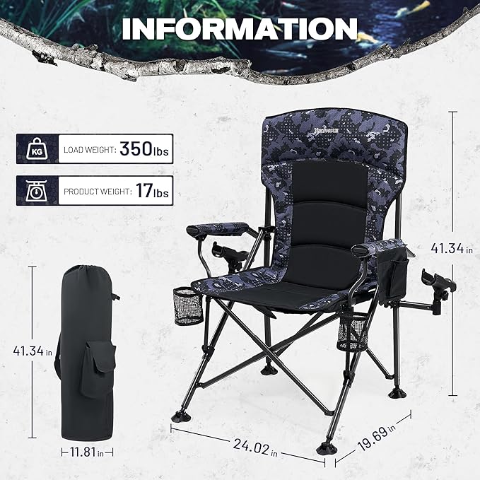 X Strike Oversized Folding Fishing Chair with Rod Holder Heavy Duty 350LBS Feet Adjustable Padded Camping Chair with Cup Holder Side Pocket Hard Armrest