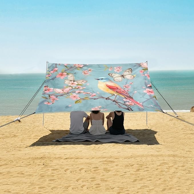 Beautiful Bird Beach Tent Sun Shelter 9.2' x 10.5' Beach Canopy with 4 Sandbags 4 Stability Poles Sand Shovels - Tent Canopy for Beach Camping Fishing Picnics