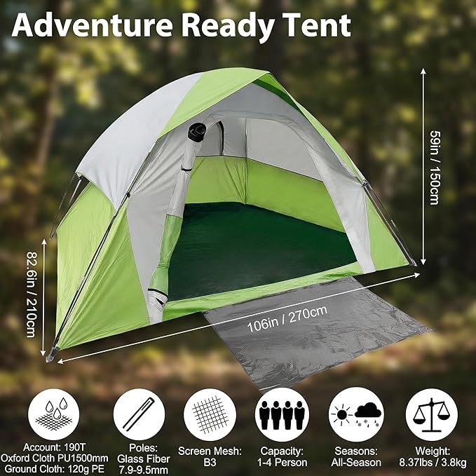XL 4 Person Dome Camping Tent Double Layer Waterproof Removable Rain Fly for Outdoor Hiking Fishing