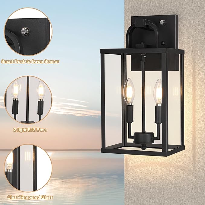 PARTPHONER Large Outdoor Light Fixutre 2-Light Dusk to Dawn Outdoor Lighting Farmhouse Front Porch Light Exterior Wall Lantern Sconce with Clear Glass for Entryway Doorway House Garage