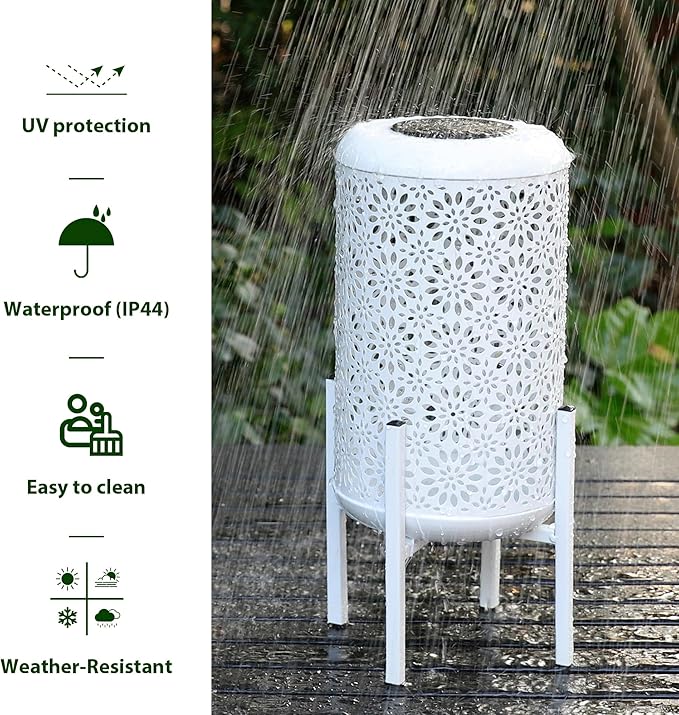 Glitzhome Solar Lantern White Metal Cutout Flower Pattern Outdoor Hanging Solar Light with Stand for Garden Patio Yard Outdoor Decor