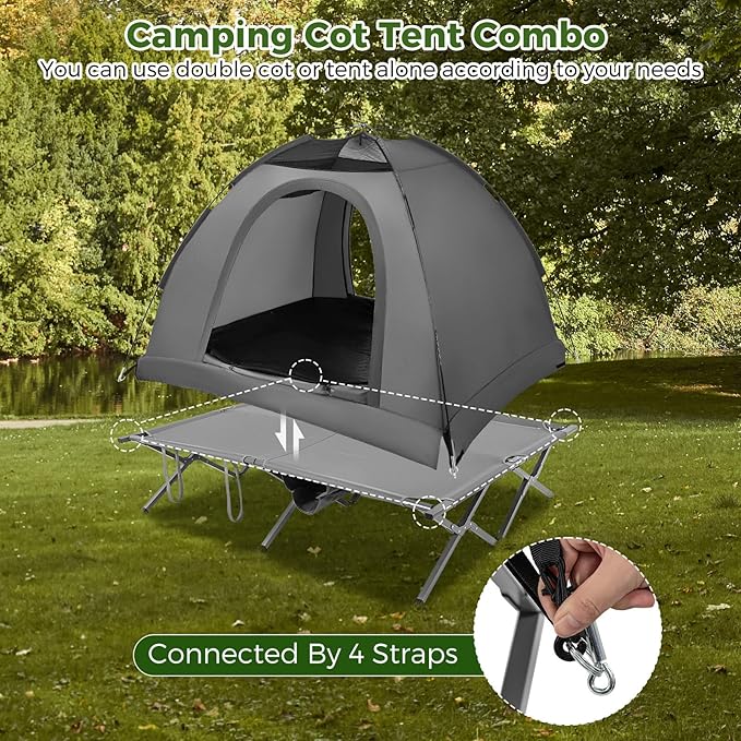Tangkula 2 Person Tent Cot Portable Off Ground Elevated Camping Tent with Cot Removable Rainfly Wheeled Bag Stakes &amp Wind Ropes for Beach Picnic Hiking Travel