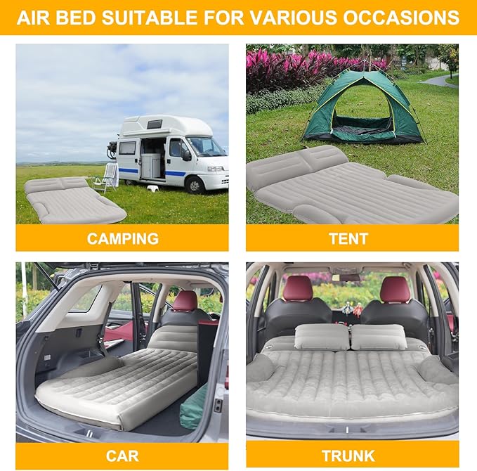 KMZ SUV Air Mattress Thickened and Double-Sided Flocking Travel Camping Bed with 2 Pillows &amp Electric Pump Dedicated Mobile Cushion Inflatable Bed for SUV Trunk and Rear Seat (Light Gray)