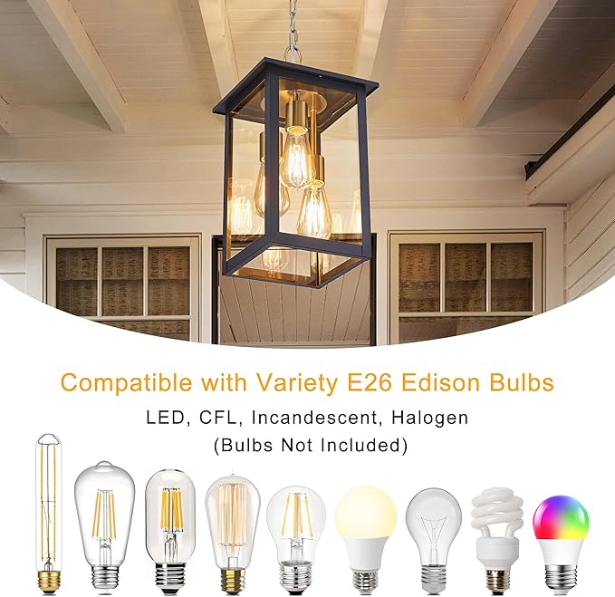 3-Lights Large Outdoor Pendant Light with Clear Glass17Inch Ht Exterior Hanging Lantern with Textured BlackSuit for Damp LocationsEasily Installed on Your Porch &amp Patio Yard Garden.