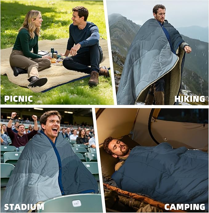 Outdoor Camping Blanket with Sherpa Lining Extra Warm Thick Camp Blankets and Puffy Ultralight Soft Poncho DWR Camping Quilt for Cold Weather Adventure Sleeping Backpacking 78x 56