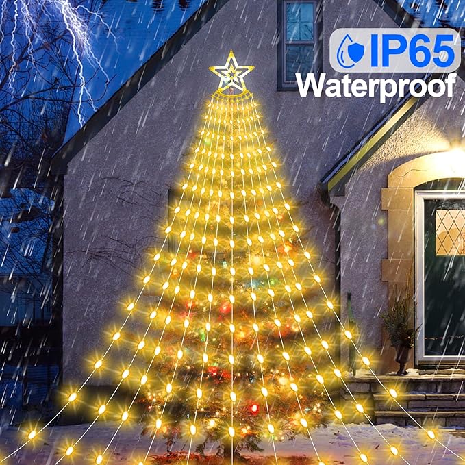 Christmas Decorations Star Lights Outdoor 23ft 11 Strand 818 LED Waterfall Tree Lights with 8 Modes Timer Remote Plug in Christmas Lights for Indoor Yard Patio Home Holiday Party Decor Warm White