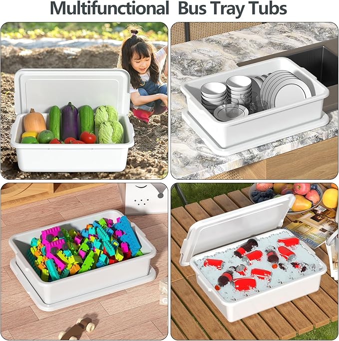 13 L Commercial Bus Pans with Lids Plastic Bus Tubs White 3 Packs