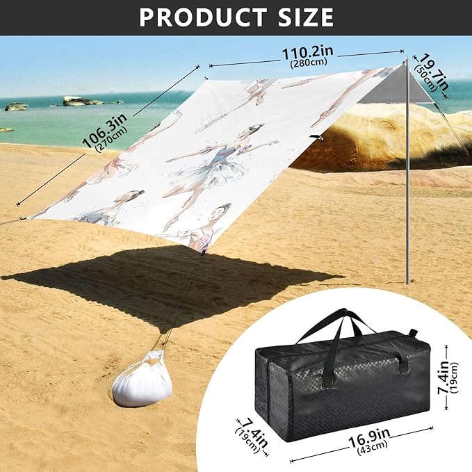Ballet Dancer Hand Drawing Pattern Camping Sun Shelter Beach Tent Portable Beach Sun Shade Outdoor Canopy for Camping Trips Fishing Picnic