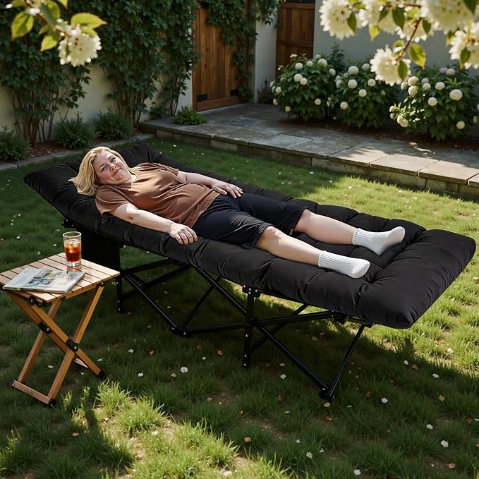 Northroad Camping Cot with Thick MattressQuick Set-Up Sleeping Cots with Side Pocket for Outdoor Camping Office Nap Home Garden Beach Travel Black