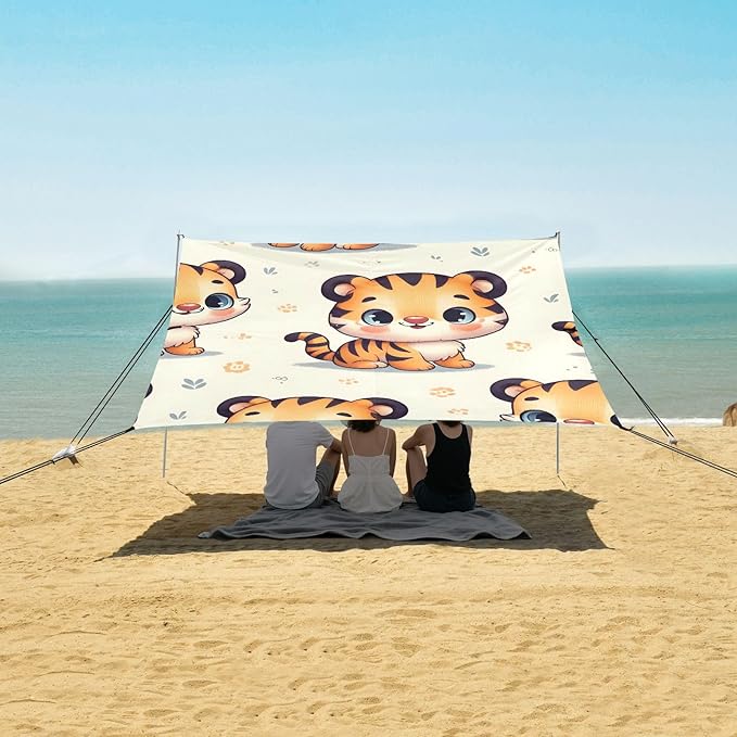 Cute Tiger Funny Camping Sun Shelter Beach Tent Portable Beach Sun Shade Outdoor Canopy for Camping Trips Fishing Picnic