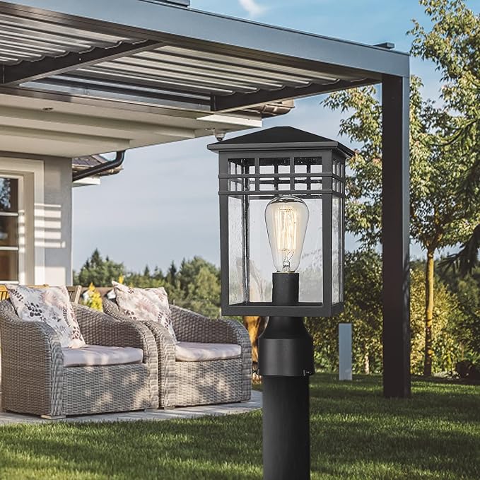 Outdoor Post Light Fixture Modern Exterior Pillar Lantern with Black Finish &amp Seeded Glass Pole Light for Garden Backyard Courtyard Patio Porch RZ009-P BK