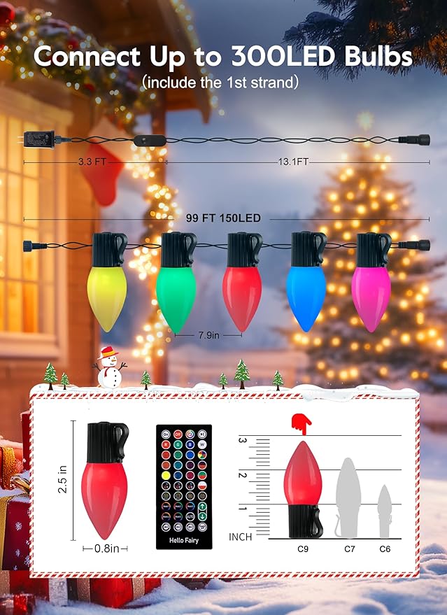 Brightown C9 LED Christmas Lights Outdoor 150 LED RGB Smart Christmas Tree Lights with Music Sync APP Controlled Waterproof Connectable C9 String Light for Indoor House Party Patio Garden Decor