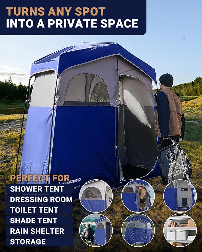 KingCamp Camping Shower Tent Portable Outdoor Privacy Toilet &amp Changing Tent Windproof &amp Waterproof Easy Setup 1 or 2 Room Shelter with Shower Bag for Camping Hiking Beach