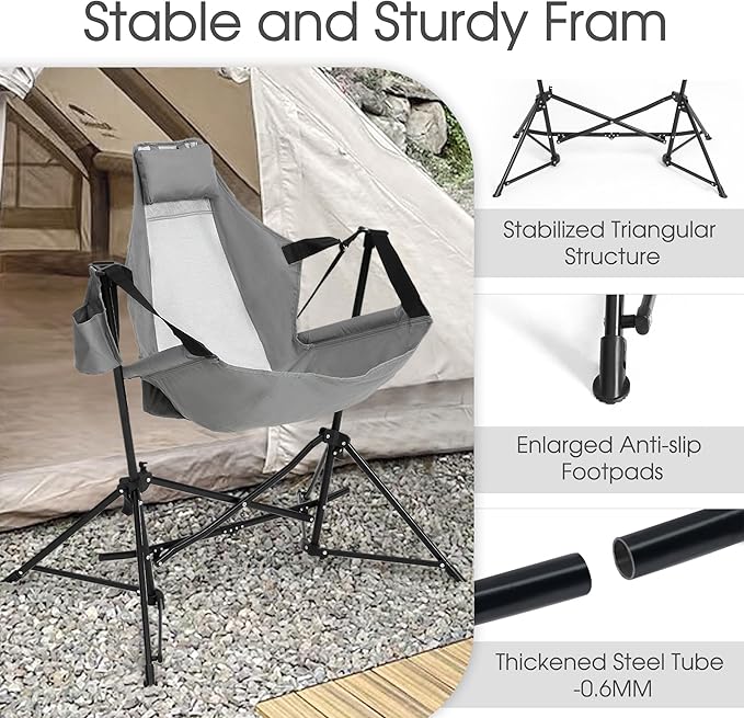 HOMEFUN Hammock Camping Chairs Set of 2- Portable Swinging Chair for Adults with Stand and Storage Bag Oversized Folding Rocking for Lawn Camp Fishing Hiking Gray