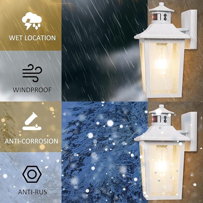 White Motion Sensor Outdoor Wall Light 2 Packs Dusk to Dawn Outdoor Wall Lighting Waterproof Exterior Light Fixture Modern Porch Light Outside Wall Mount for House Patio Garage Anti-Rust