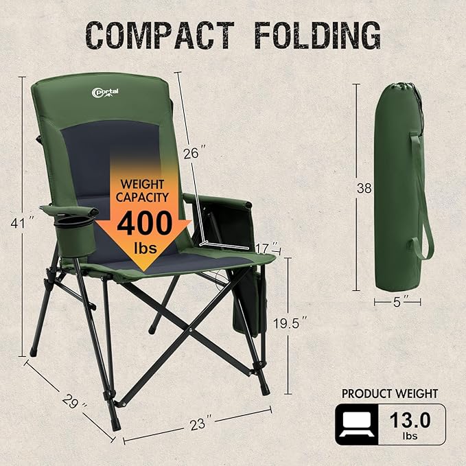Portal Heated Camping Chairs for Adults Outdoor Sports Oversized Folding Lawn Chair with High Back Heavy Duty 400 Lbs Battery Not Included Green
