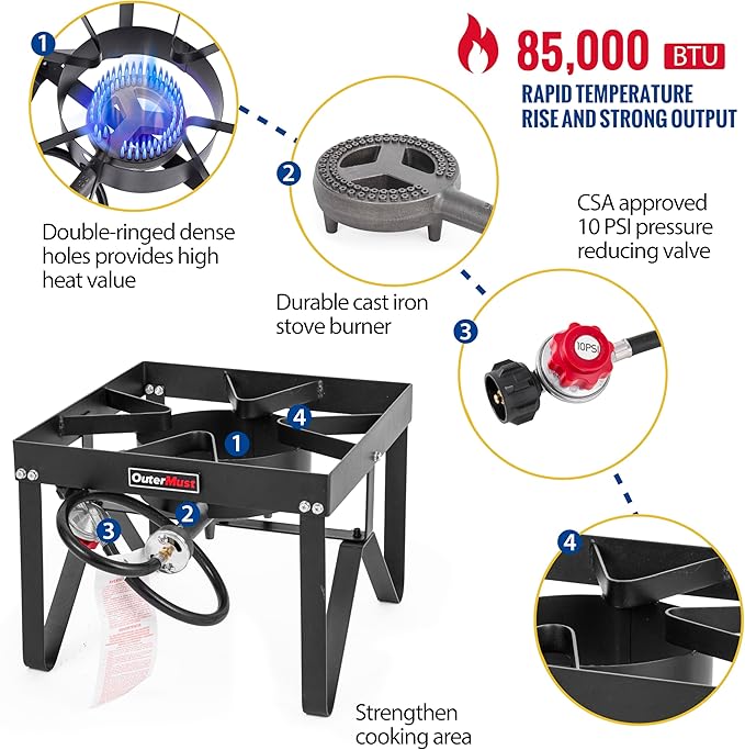 Outdoor Propane Burner Heavy Duty Propane Gas Stoves for Cooking with 10 PSI Regulator and Cast Iron Braided Holes Perfect for Home Brewing Crawfish Boiler Turkey Fryer and Seafood Boiler