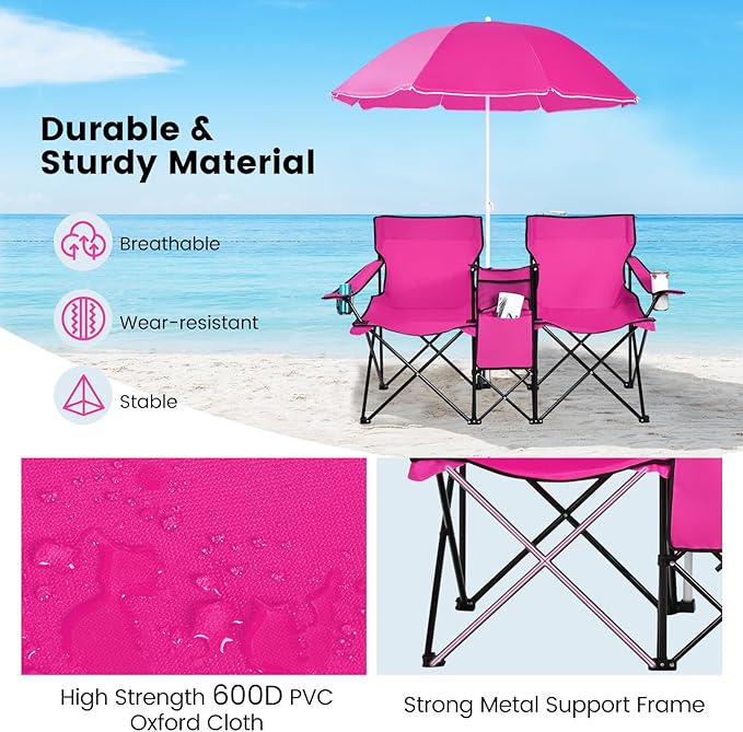 Double Beach Chair 2-Person Portable Loveseat w/Removable Umbrella Cup Holders &amp Carrying Bag Folding Camping Chairs for Adults Outdoor Picnic (Pink)
