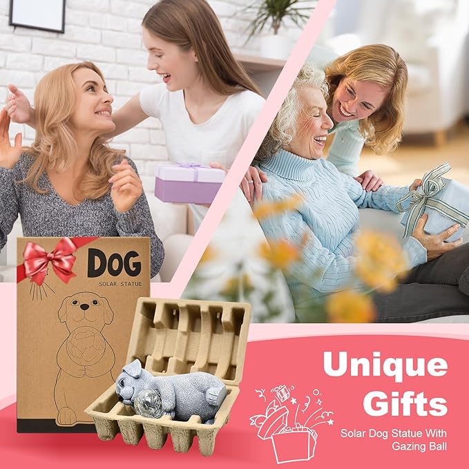 Dog Garden Statues - 8.4 Dog Decor with Gazing Ball LED Lights Unique Gifts for Mom Grandma Birthdays Outdoor Decor for Outside Lawn Porch Patio (Gray)