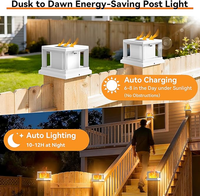 8-Pack Solar Light Outdoor Waterproof Solar Powered Post Cap Light for 4x4 Vinyl/Wooden Post with Flickering Flame White High Brightness SMD LED Deck Cap Lights for Fence Garden Patio Porch