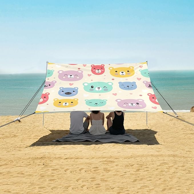 Bear Beach Canopy Sun Shelter with Sandbags &amp Sand Shovel &amp Windproof Ropes - Portable 110x126 Beach Shade Beach Tent for Camping Picnics