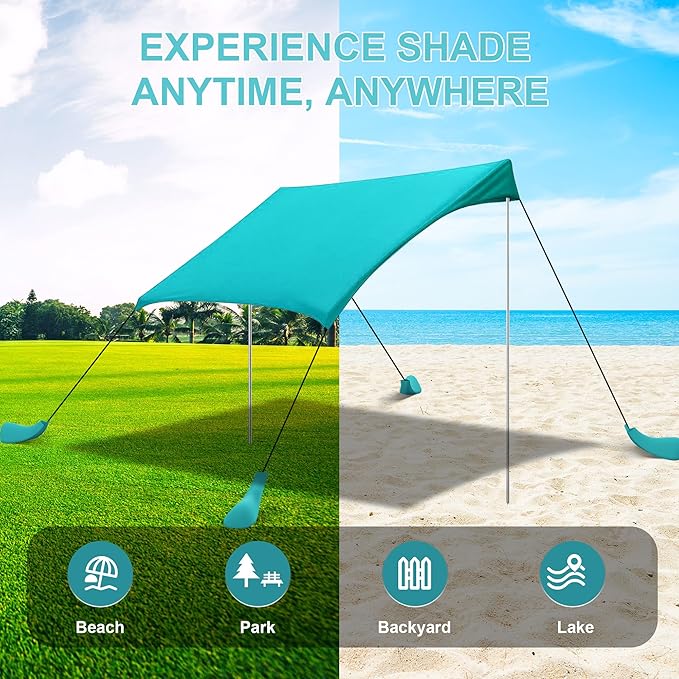 Beach Tent Sun Shelter UPF50+ with Sandbags Sand Shovel &amp Windproof Poles - Portable Pop Up Canopy for Beach Camping Picnics Backyard &amp Fishing (Cyan6.9x6.5FT)