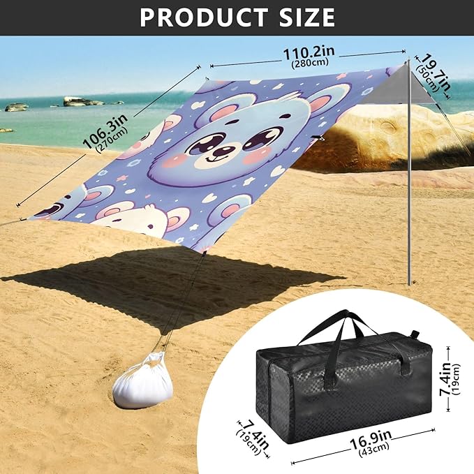 Cute Cartoon Bear Face Design Camping Sun Shelter Beach Tent Portable Beach Sun Shade Outdoor Canopy for Camping Trips Fishing Picnic