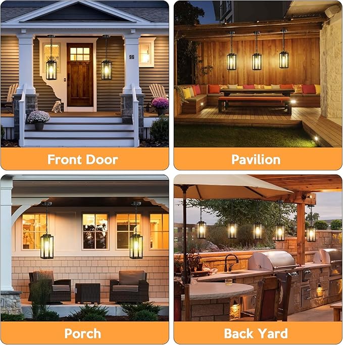 Outdoor Pendant Light Dusk to Dawn 11'' Porch lights Outdoor Chandelier Hanging Ceiling Lights Black Aluminum Lightshade with Tempered Glass Exterior Lighting Fixture for Porch Yard Gazebo 1 Pack
