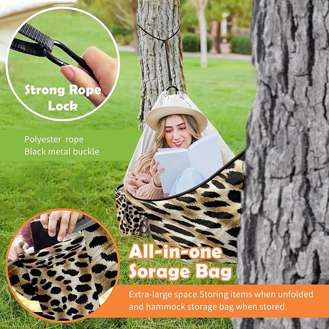 Outdoor Camping Hammock Leopard Print Camouflage Color Double Single Hammocks with 2 Tree Straps Lightweight Portable Yet Heavy Duty Nylon Hammocks Travel Beach Backyard Patio Hiking