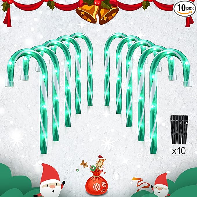 10 Christmas Candy Cane Lights - Set of 10 Pathway Markers Christmas Outdoor Yard Decorations Green Xmas Candy Cane Stake Lights for Lawn Walkway Garden Xmas Party Indoor Ornaments