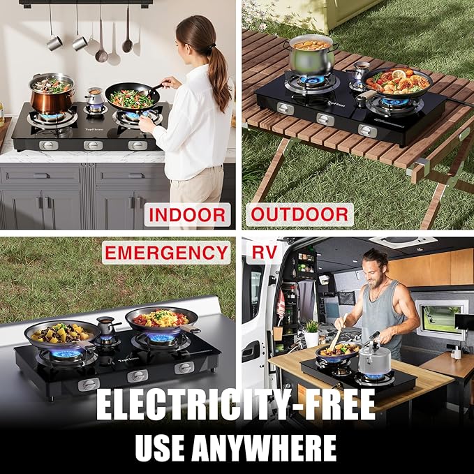 3 Burner Propane Stove 32300 BTU High-Efficiency Tempered Glass Auto-Ignition Gas Burner Stove Top with CSA Hose for Outdoor RV Camping Emergency Cooking