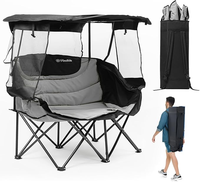Double Camping Chair with Canopy Folding Two-Person Seat Portable Outdoor Loveseat with Shade Folding Chair for Beach Lawn and Outdoor Activities