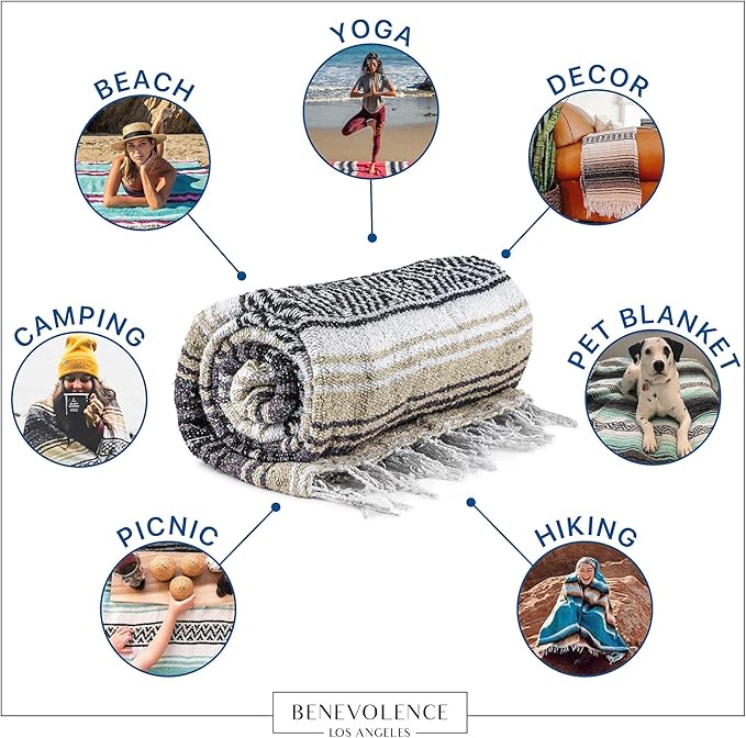 Benevolence LA Authentic Handwoven Mexican Blanket | Yoga Blankets Outdoor Picnic Beach Camping | Equestrian Saddle | Serape 50x70 inches - Sand Pack of 1