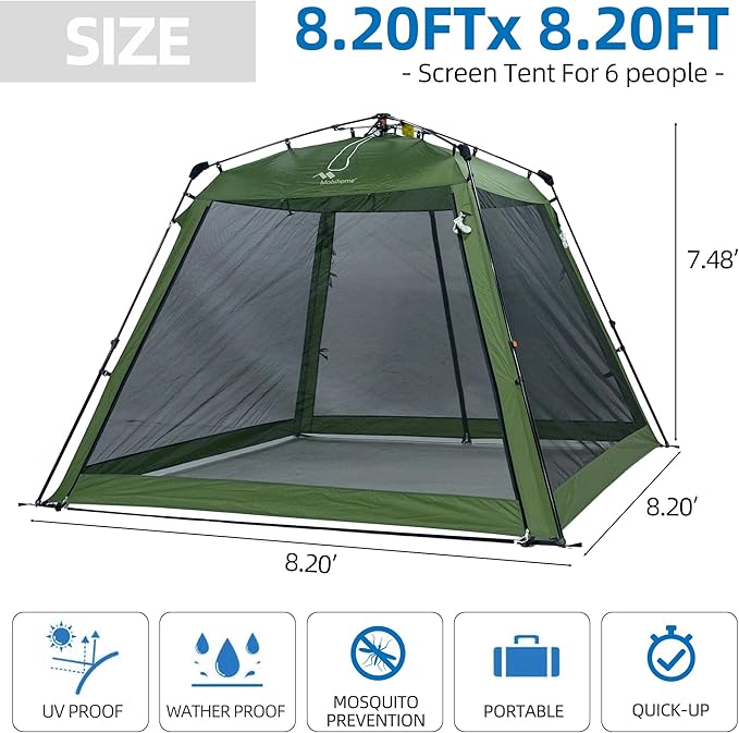Pop Up Screen House Gazebo 8.2'x8.2'x75'' 4-6 Person Portable Screen Room with Sun &amp Insect Protection Sturdy Frame Foldable Outdoor Canopy for Backyard Camping Park GardenBackyard-Olive Gre
