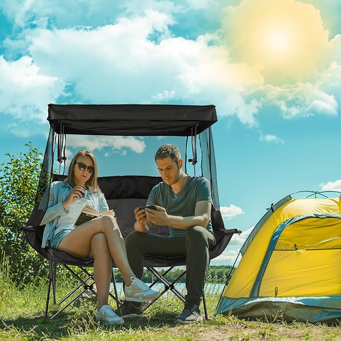 Double Camping Chair with Canopy Shade Folding Double Beach Chair with Adjustable Canopy Heavy Duty Loveseat Camping Chair with Two Cup Holders and Carry Bag for Outside Beach Fishing Sports